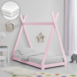 Детско легло с хипоалергенен матрак, индианска шатра, чам, розово,140x70cm - Мебели за детска стая