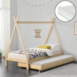 Детско разтегателно легло, индианска шатра 90 x 200 cm с матрак, натурален бор - Мебели за детска стая
