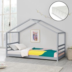 Детско легло от борово дърво, Сиво 200x90cm с матрак и предпазна решетка - Мебели за детска стая