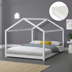 Детско легло с матрак  Къщичка, 140x200cm , Бяло, Борово дърво - Мебели за детска стая