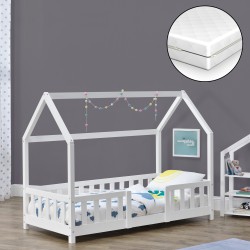 Детско леглоSisimiut, със защитна решетка и матрак, дизайн Къщичка, борово дърво, 70 х 140 cm, бяло - Мебели за детска стая