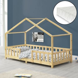 Детско леглоTreviolo, с матрак и защитна преграда,борово дърво, 90х200см - Мебели за детска стая