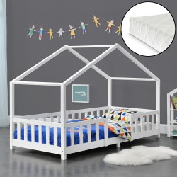 Детско легло Treviolo, с матрак и защитна преграда,борово дърво, 90х200см, бяло - Мебели за детска стая