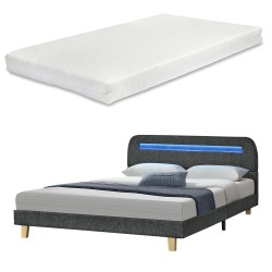 Upholstered bed Roskilde with LED lighting and mattress 140x200 linen dark gray - Sonata G