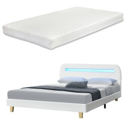 Upholstered bed Roskilde with LED lighting and mattress 140x200cm artificial leather white - Sonata G