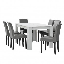 Комплект маса за хранене с 6 тапицирани стола Nora  140 x 90 cm  Бял/Сив - Комплекти маси и столове