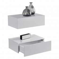 2 броя нощни шкафчета за стенен монтаж с едно чекмедже Бял гланц, 46x30x15cm - Нощни шкафчета