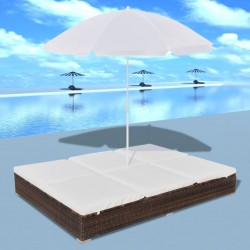 Sonata Градинско лаундж легло с чадър, полиратан, кафяво - Шезлонги