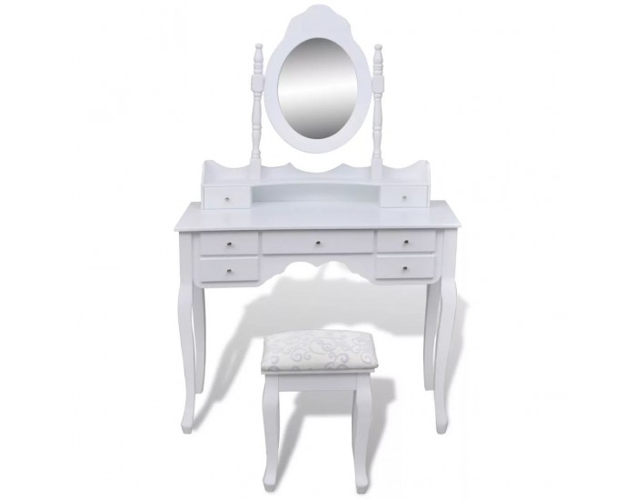 Sonata Тоалетка с огледало и табуретка, 7 чекмеджета, бяла -