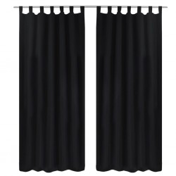 2 бр черни завеси от микросатен с "уши", 140 x 245 см - Завеси, Пердета и Кoрнизи