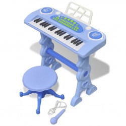 Детско пиано с 37 клавиша, стол и микрофон, син цвят - Детски играчки
