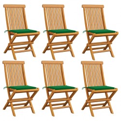 Sonata Градински столове със зелени възглавници 6 бр тик масив - Градински столове