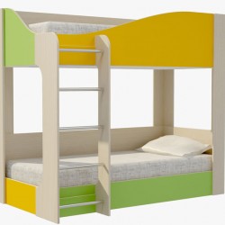 Детско двуетажно легло Memo.bg модел BM Mona, със стълба, жълто, зелено, акация - Mipa